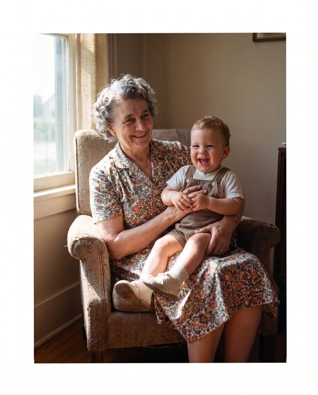 A grandmother holding a laughing baby